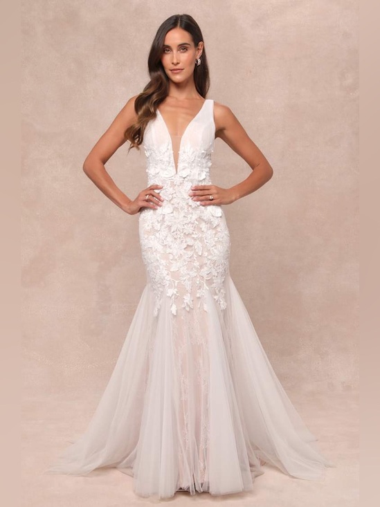 Lulus Dresses & Skirts - LULU’S Exceptional Vow White Tulle Lace Applique Mermaid Maxi Dress